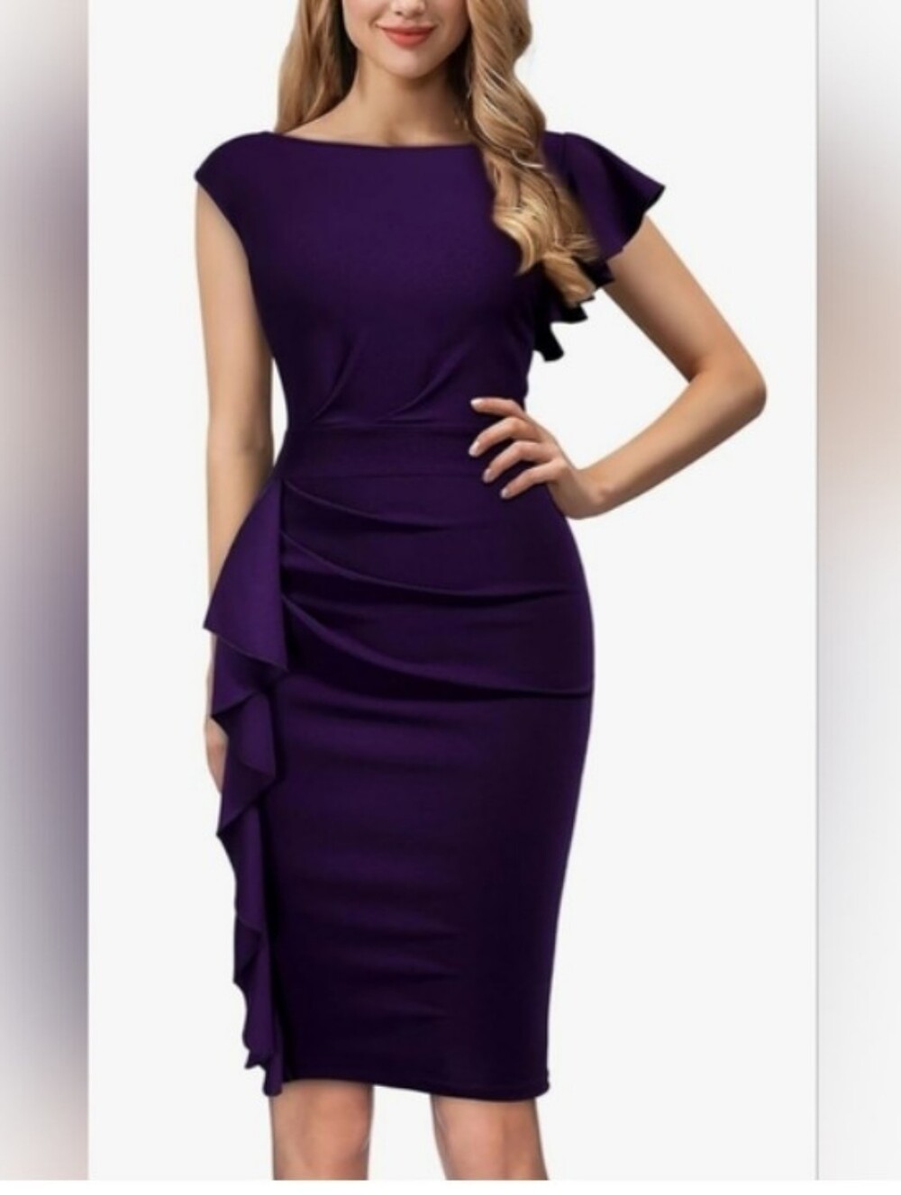 Aisize Vintage Redefined. Size Large. Ruffle-Detail Midi Dress in 💜 Purple.